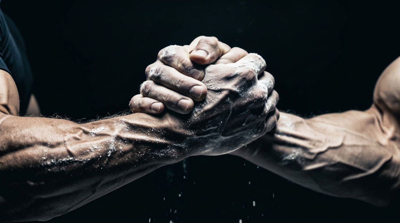 Two arm wrestlers gripping a steel bar in a tense lock-up